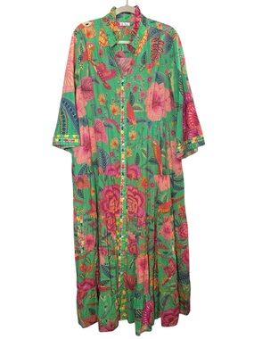 Be Boho Tropical Bold Colorful Maximalist Drop Waist Cotton Maxi Dress sz XXL